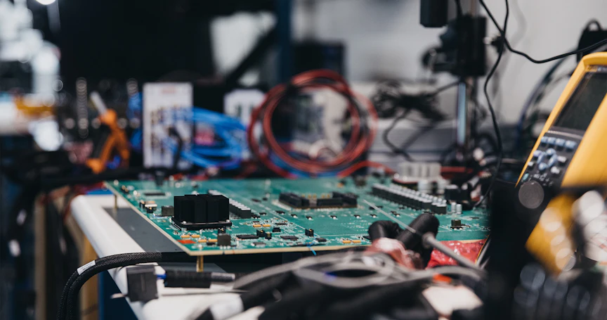 Workstation with a PCB, multimeter and other tools