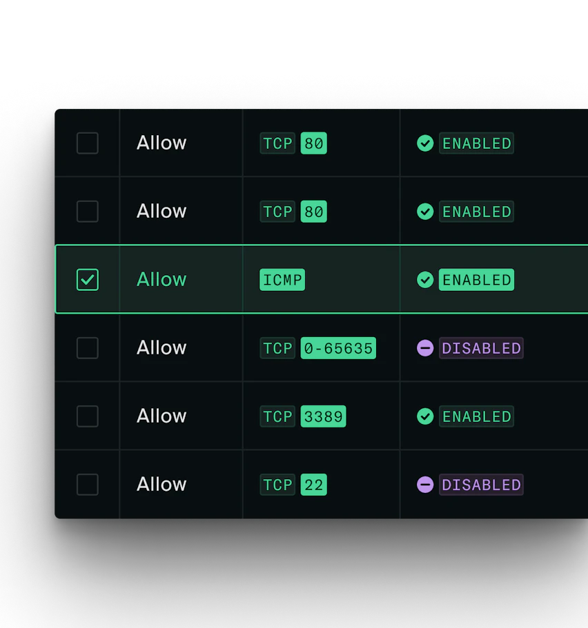 A set of firewall rule rows, one item is selected