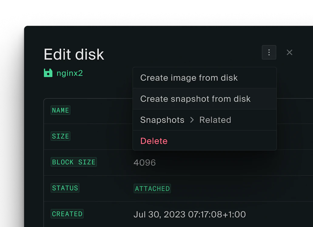 A pane showing a disk, a dropdown is visible with one item highlighed – "Create snapshot from disk"